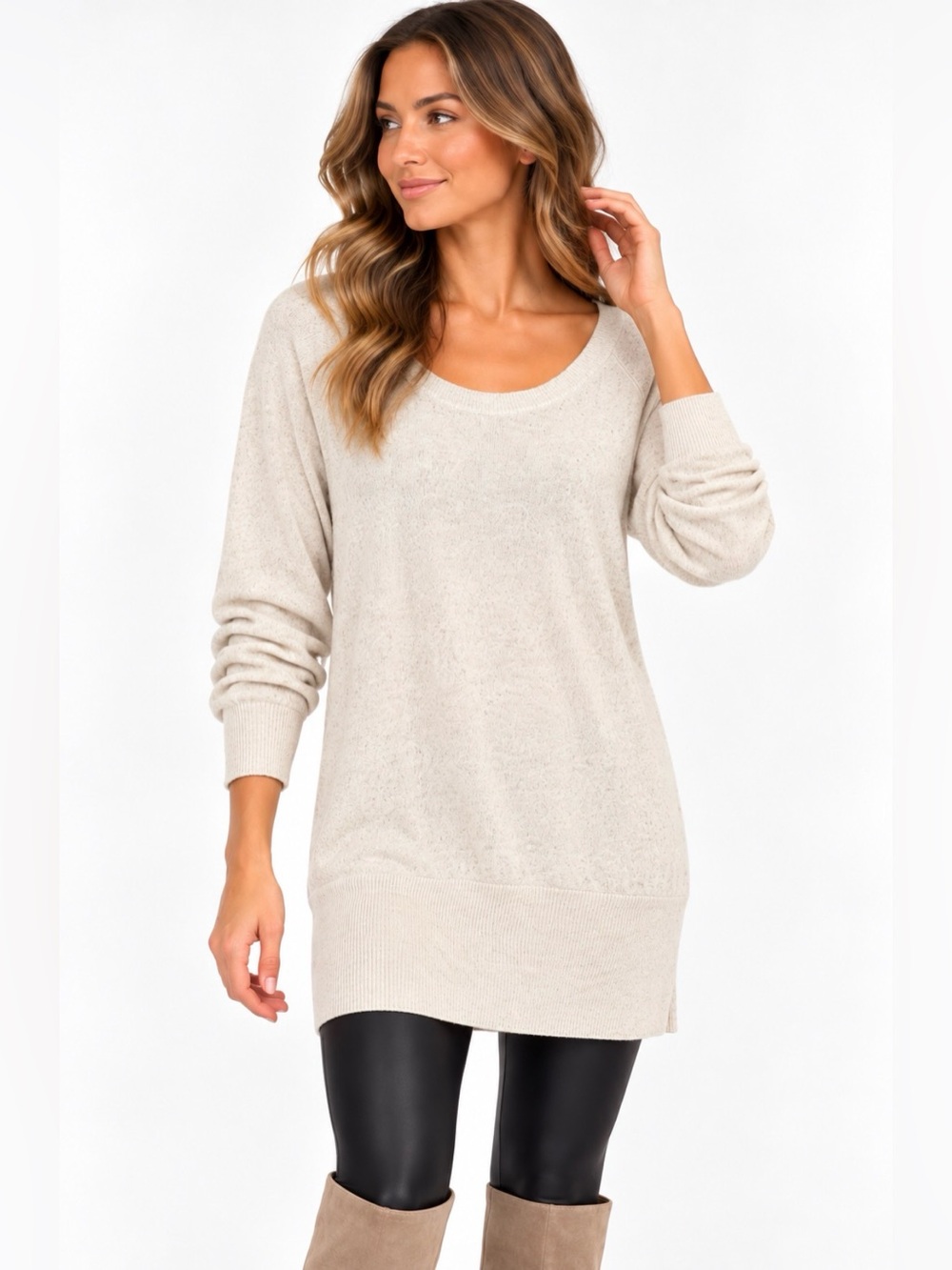 Talula Aritzia Oatmeal Scoop Neck Longline Tunic Sweater